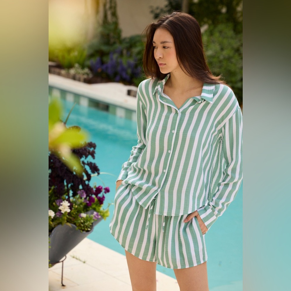 Women's Green & White Striped Button-Front Pajama Set